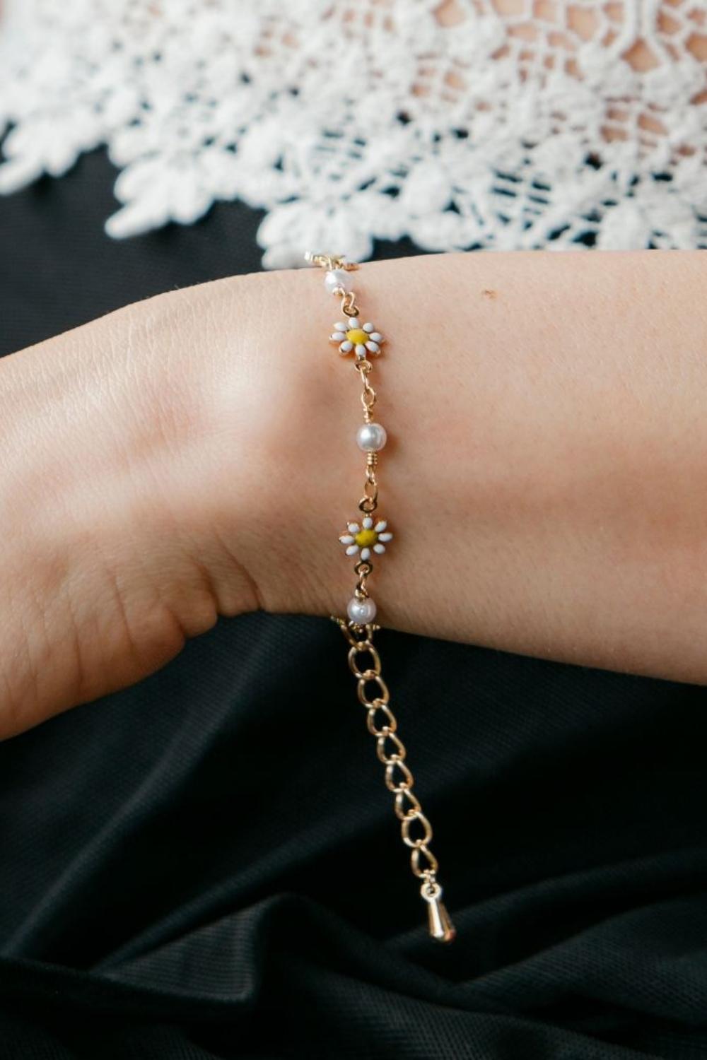 Silver Sunflower Pearl Charm Beaded Boho Bracelet, Image 2 of 2