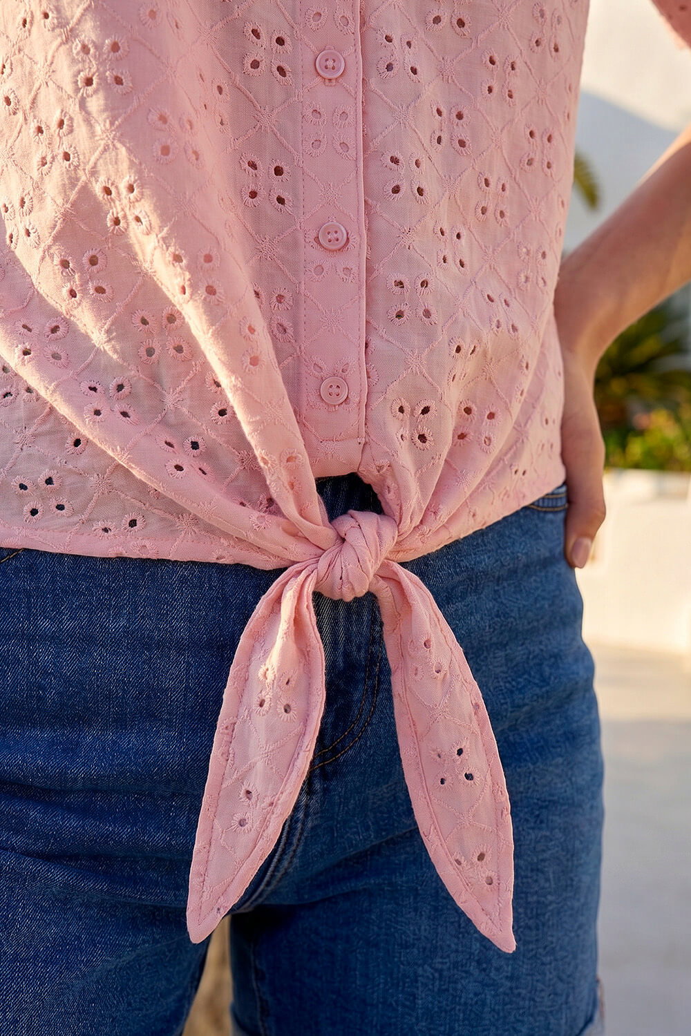 Pink V-Neck Broderie Stretch Jersey Tie Front Top, Image 5 of 4