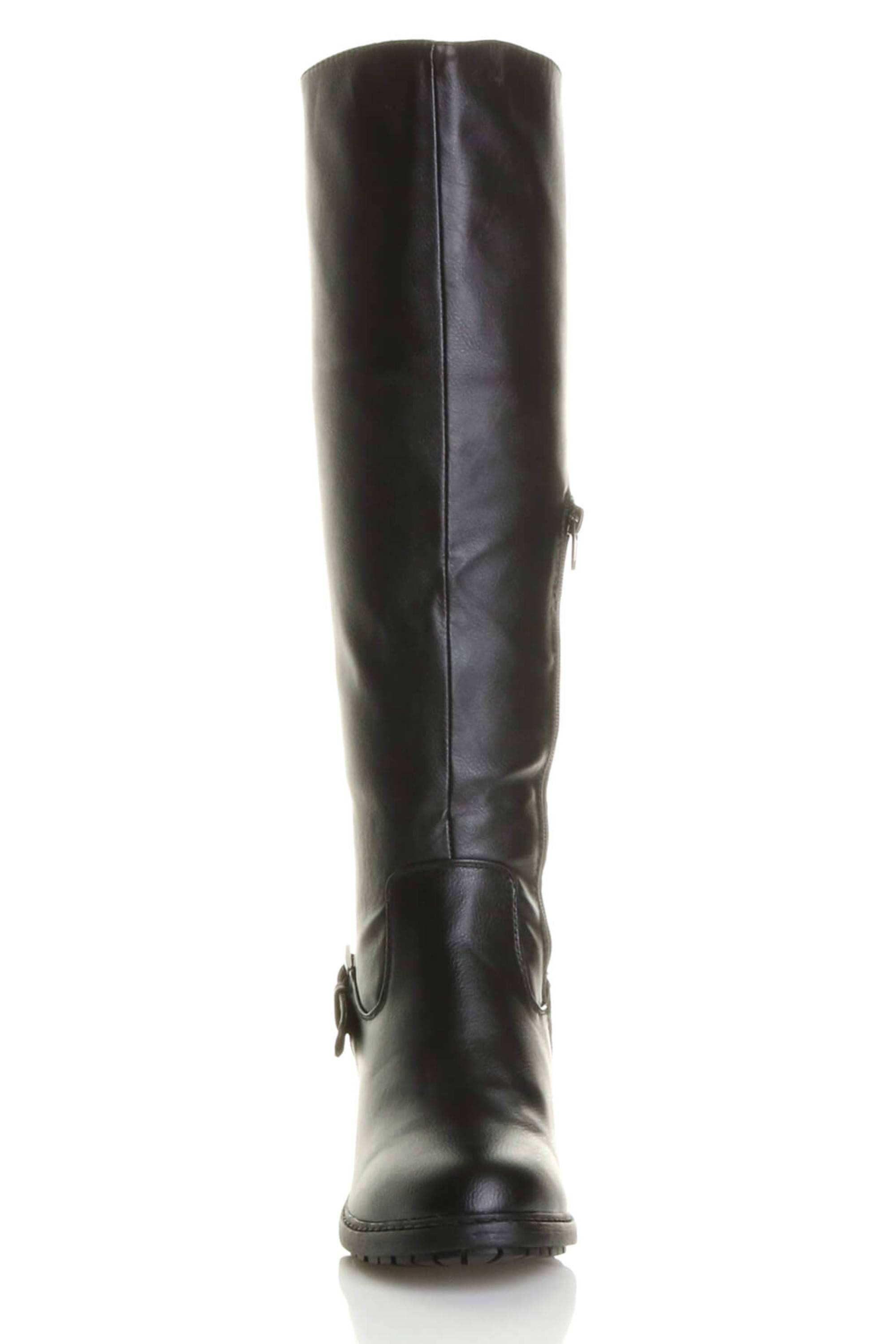 Black High Block Heel Chunky Biker Knee High Boots, Image 6 of 6