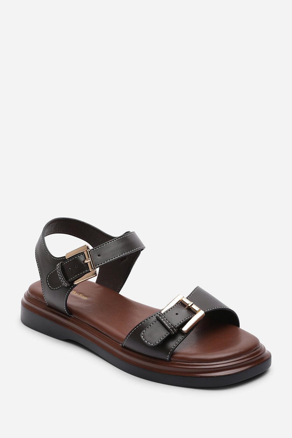 Dark Brown Where's That From Dark Brown Circa Flatform Double Buckle Black Sandal, Image 3 of 6