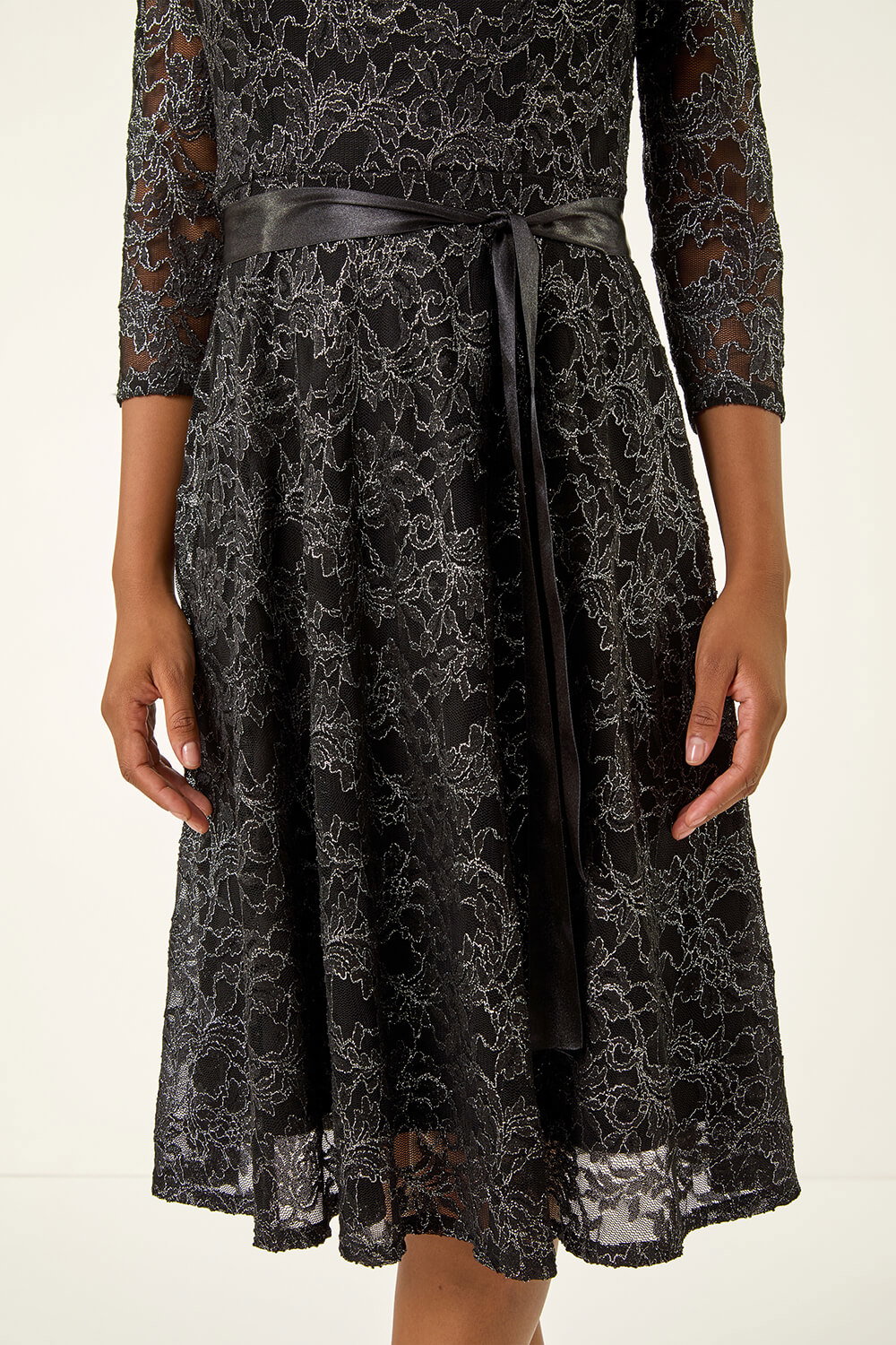 Black Metallic Lace Stretch Dress, Image 6 of 5