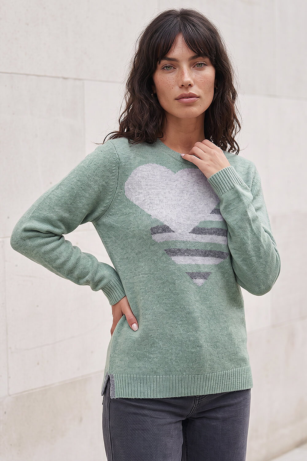 Roman Women's Sage Heart Crew Neck Knit Jumper Size 18