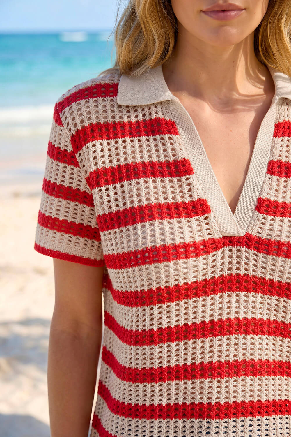 Red Stripe Crochet Collar Knit Top, Image 5 of 4