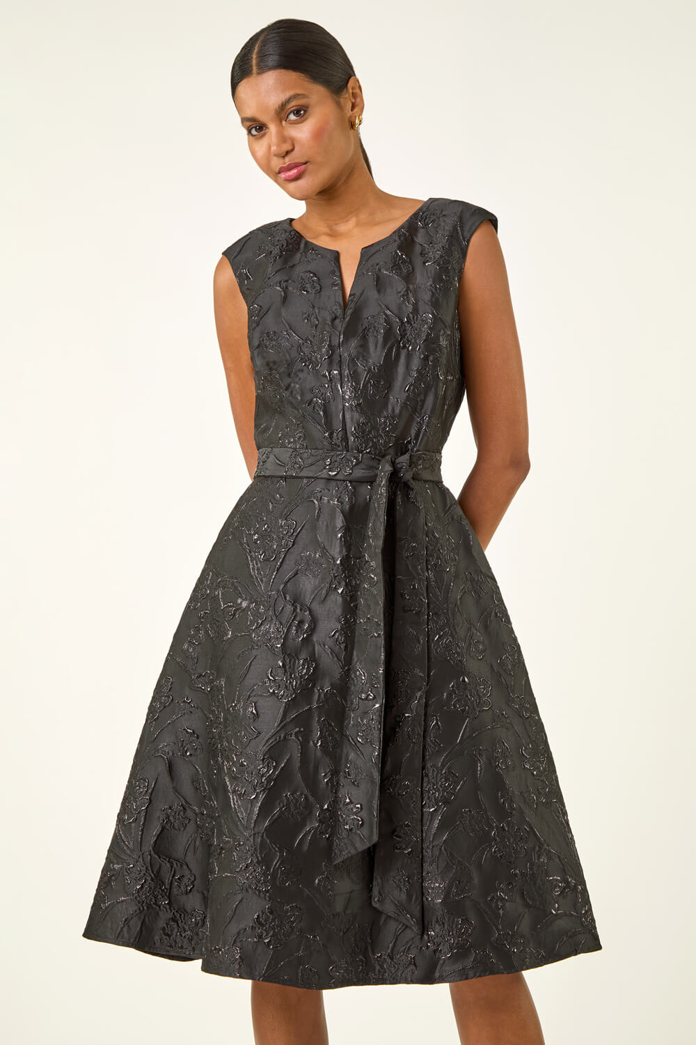 Black Metallic Brocade Belted Dress, Image 3 of 5