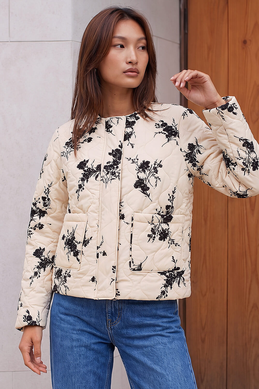 Roman Women's Cream Floral Flock Quilted Jacket Size 10