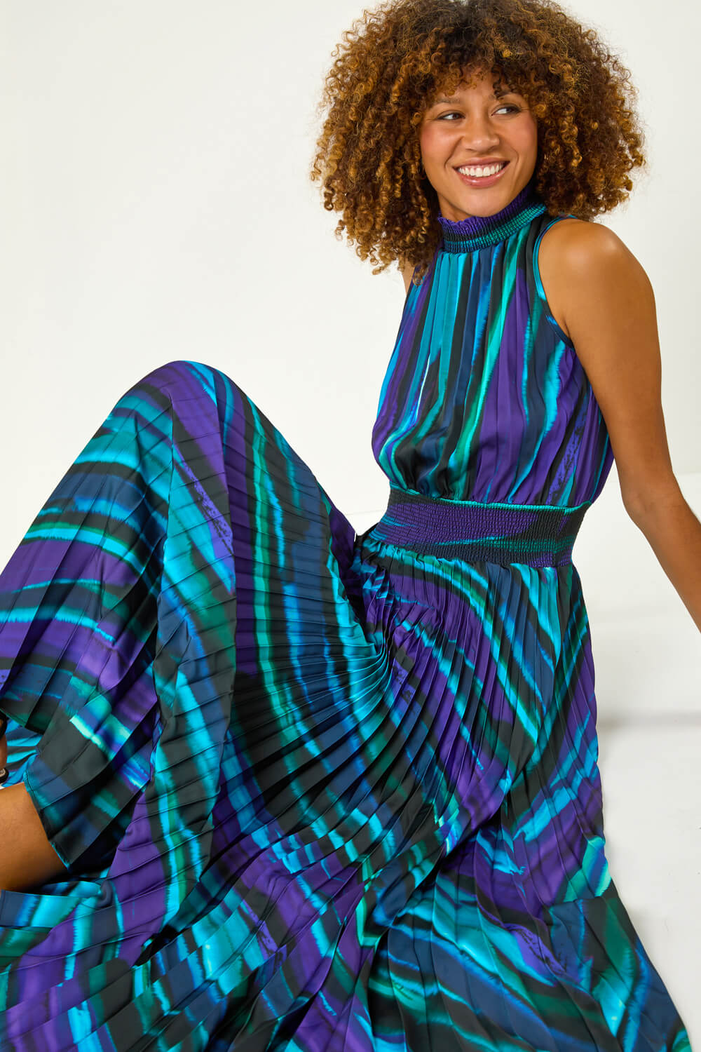 Purple Printed Halter Neck Pleat Shirred Midi Dress, Image 1 of 5