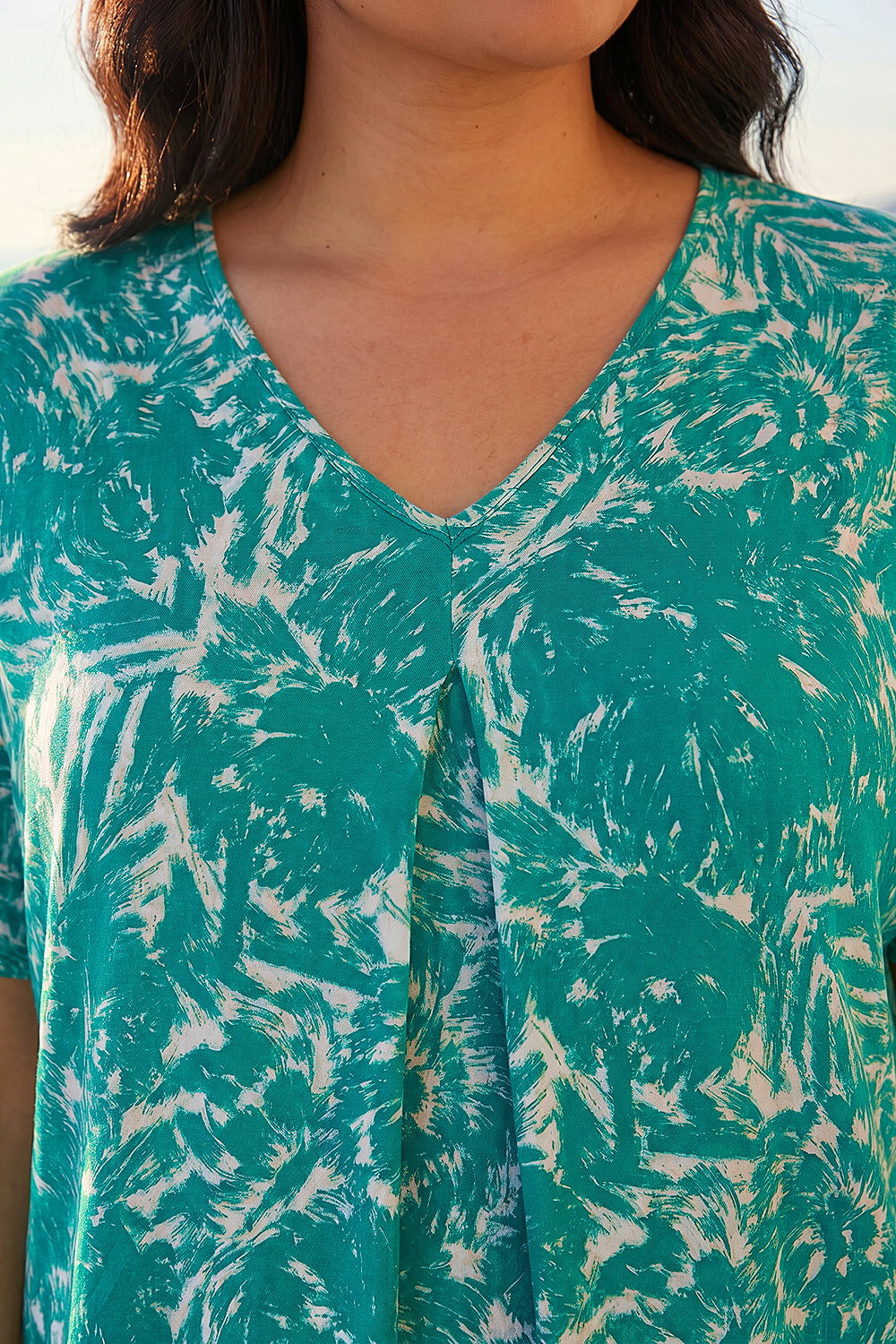 Green Curve Abstract Print V-Neck Top, Image 5 of 4