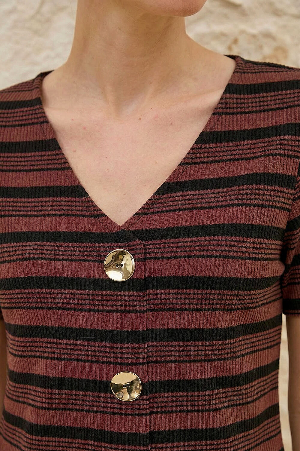 Chocolate Stripe Mock Button Top, Image 5 of 5