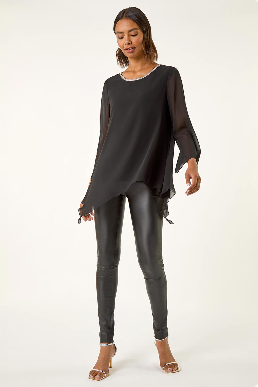 Black Sparkly Asymmetric Chiffon Top, Image 3 of 5