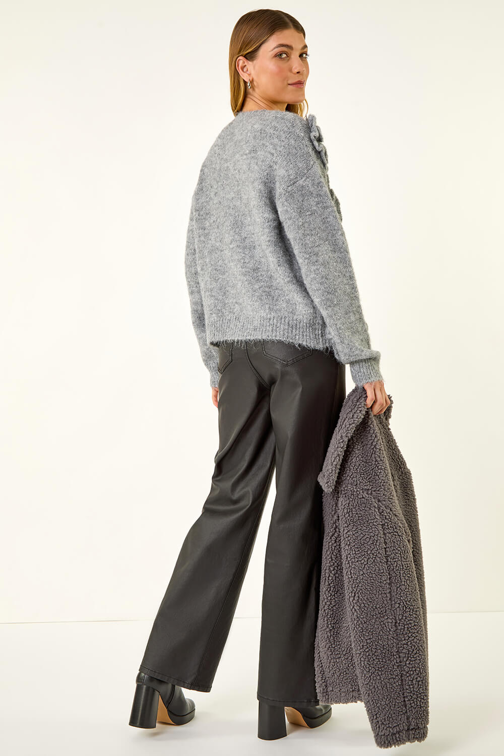 Grey Chunky Floral Knit Jumper, Image 4 of 5