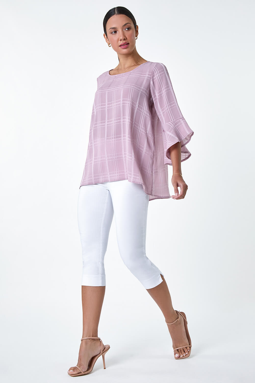 Light Pink Satin Stripe Frill Sleeve Top, Image 3 of 5