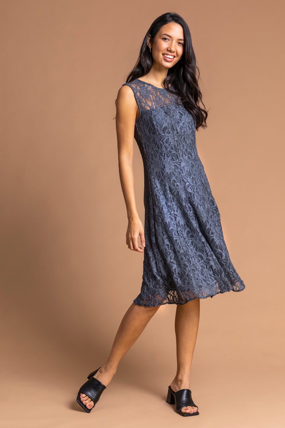 Silver Glitter Lace Fit And Flare Dress, Image 4 of 4
