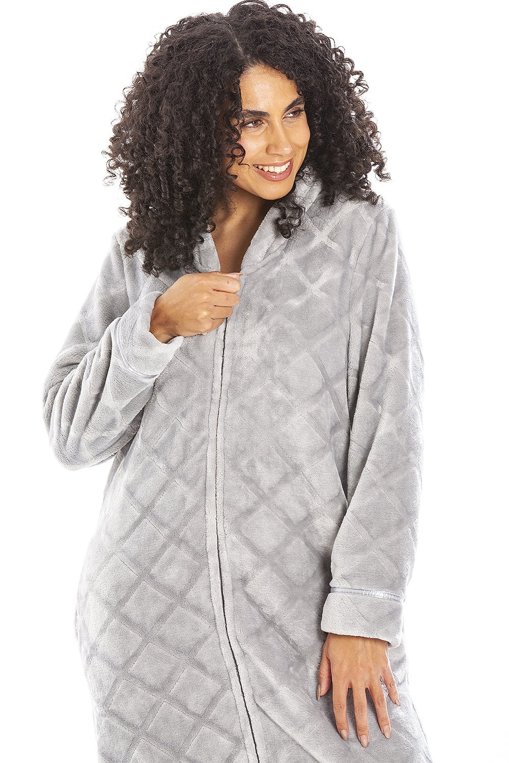 Grey Camille Lingerie Grey Full Length Zip Housecoat With Inseam Pockets, Image 2 of 5