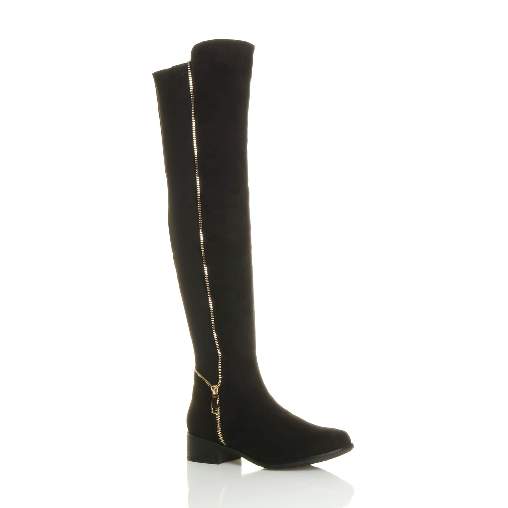 Black Elastic Gold Zip Over The Knee Boots
