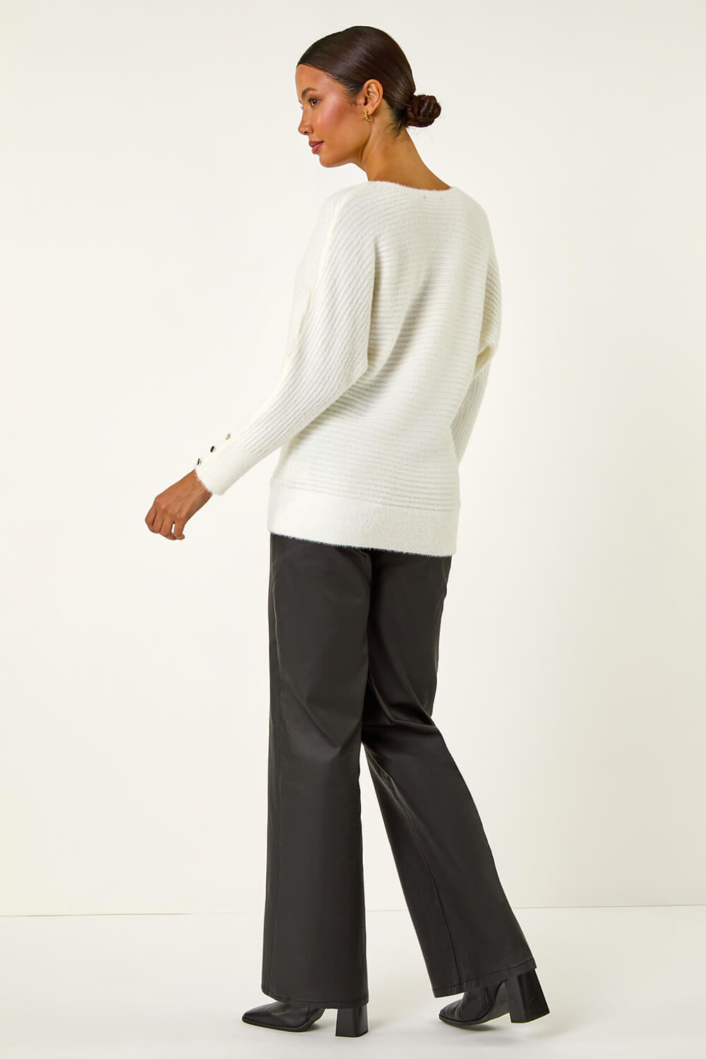 Ivory Button Sleeve Fluffy Jumper, Image 4 of 5
