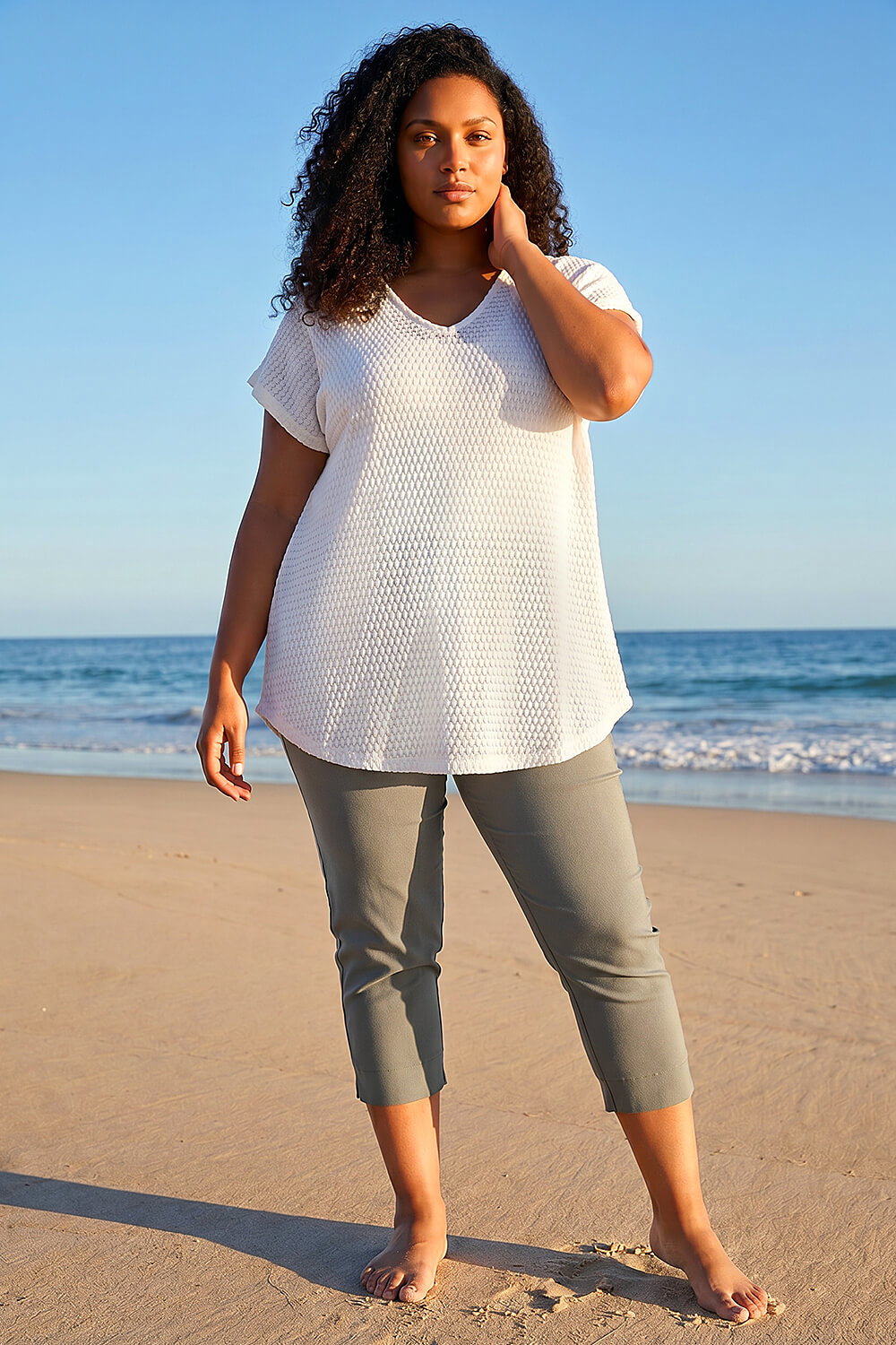 Ivory Curve Crochet V-Neck Stretch Top, Image 4 of 4