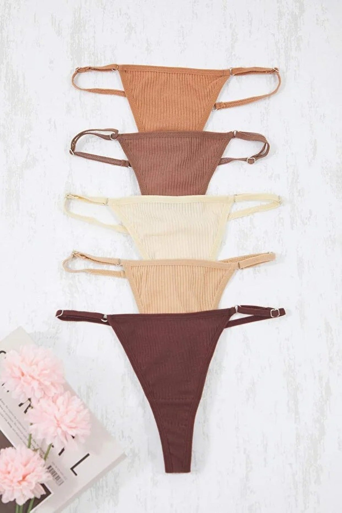 Multi WOVCOR Multi 5 Pack Ribbed Adjustable Strap Thong Briefs Set, Image 3 of 3