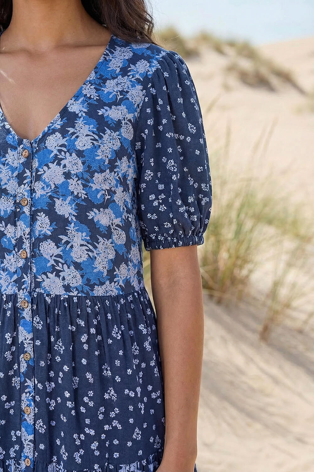 Navy Floral Cotton Blend Tiered Smock Dress | Roman UK