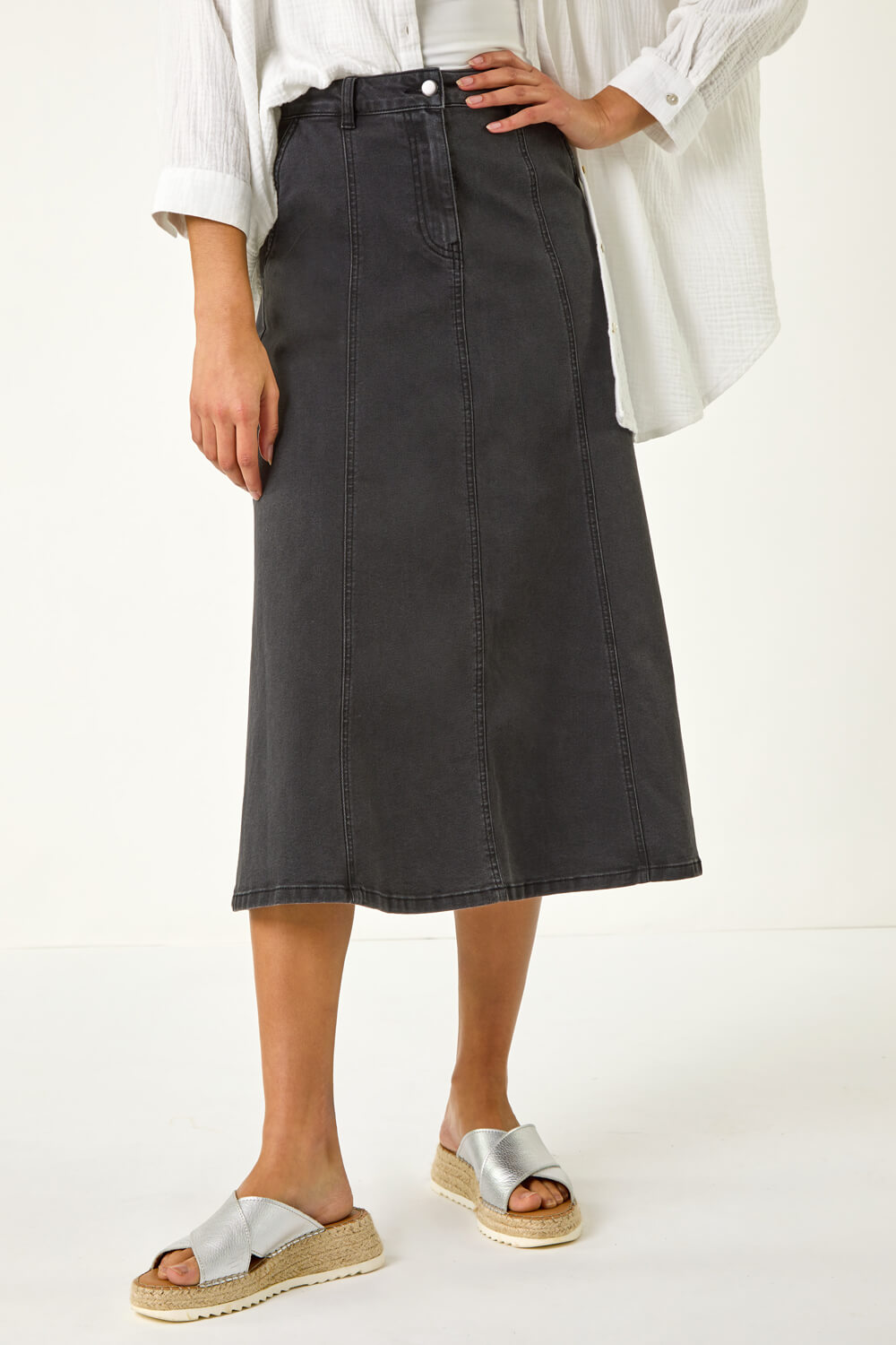 Roman Women's Black Cotton Denim Panelled Midi Skirt Size 20