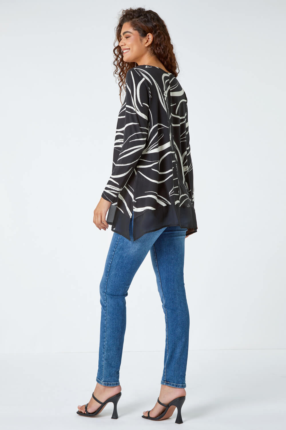 Black Leaf Print Chiffon Hem Stretch Top , Image 4 of 5