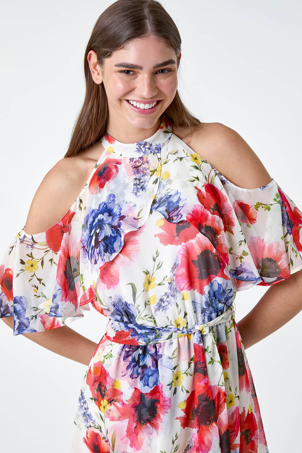Ivory Poppy Floral Frill Halter Neck Dress, Image 5 of 5