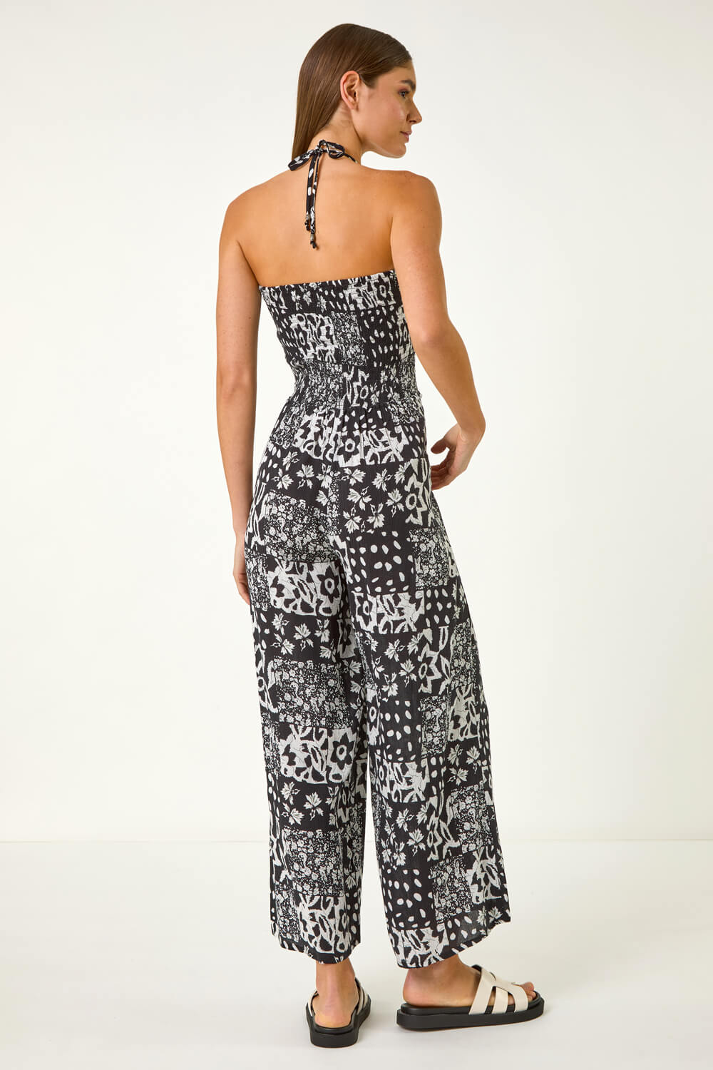 Black Abstract Print Shirred Bandeau Jumpsuit, Image 4 of 5