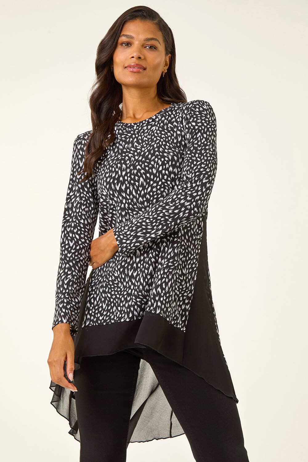 Black Spot Print Chiffon Hem Stretch Top, Image 1 of 5