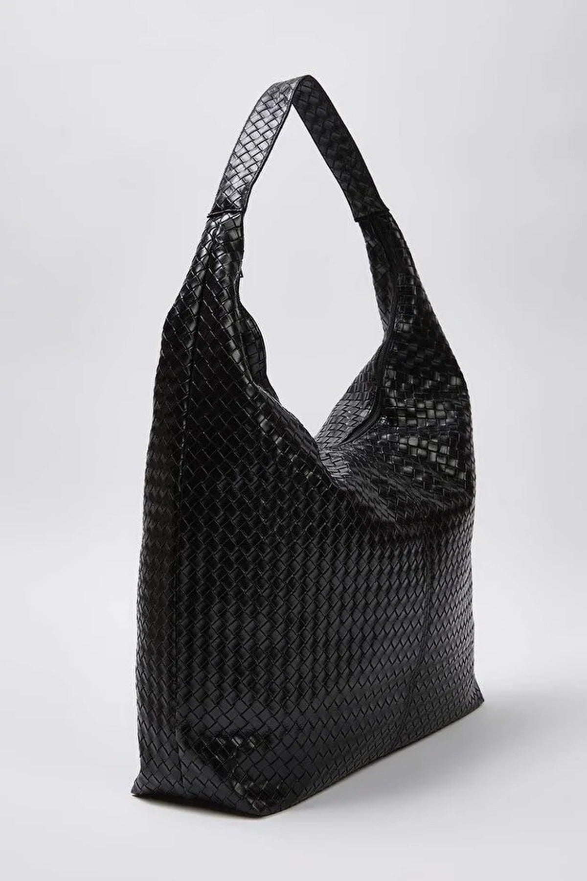 Black Woven Texture Oversized Tote Shoulder Bag, Image 3 of 4