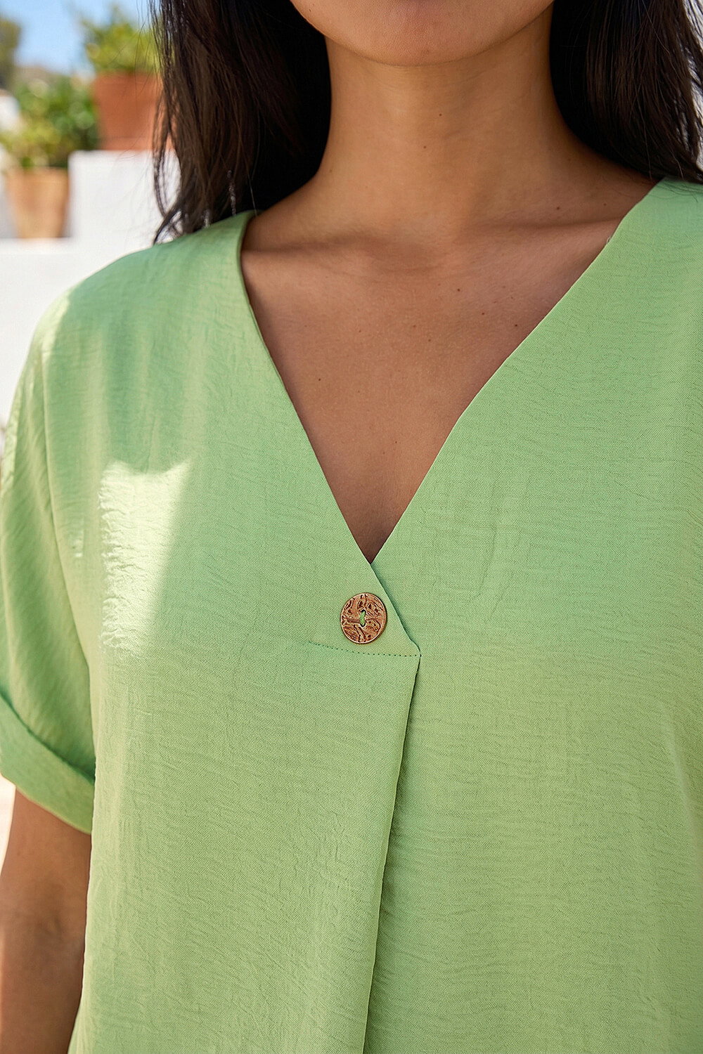 Green Petite One Buttoned V-Neck Top, Image 5 of 4