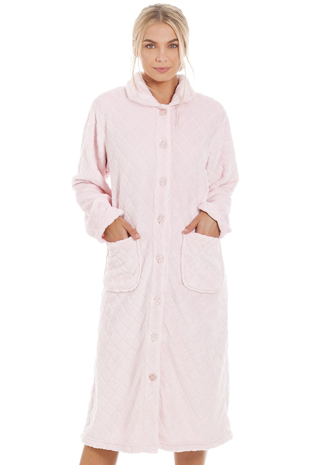 Light Pink Camille Lingerie Light Pink Supersoft Diamond Print Button Up Housecoat, Image 1 of 4