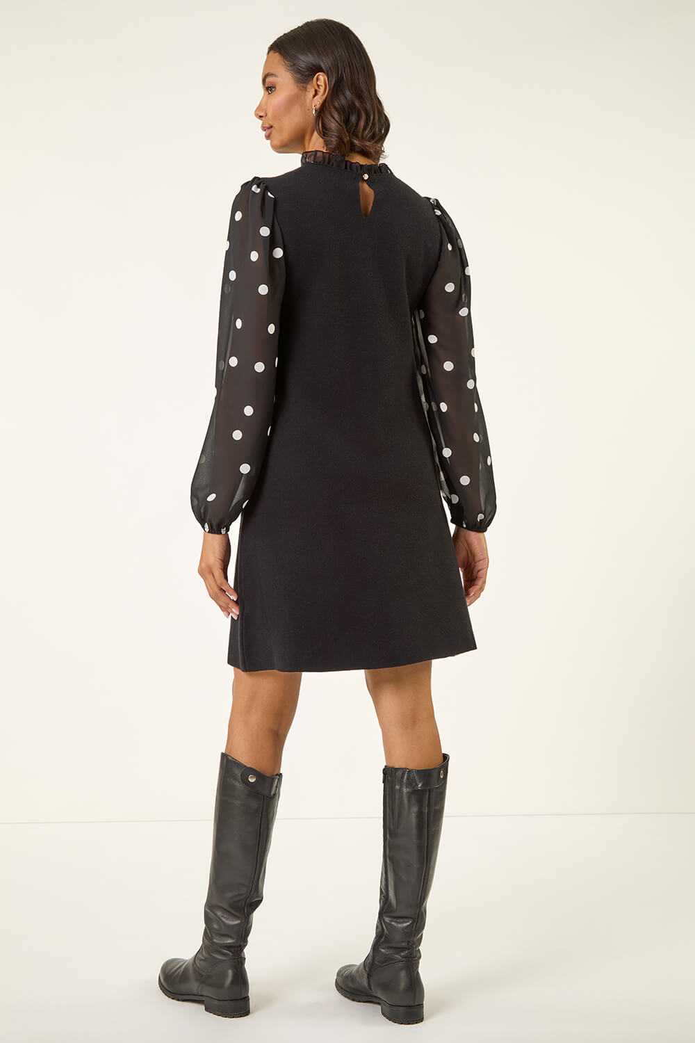Black Polka Dot Frill Knitted Dress, Image 5 of 5