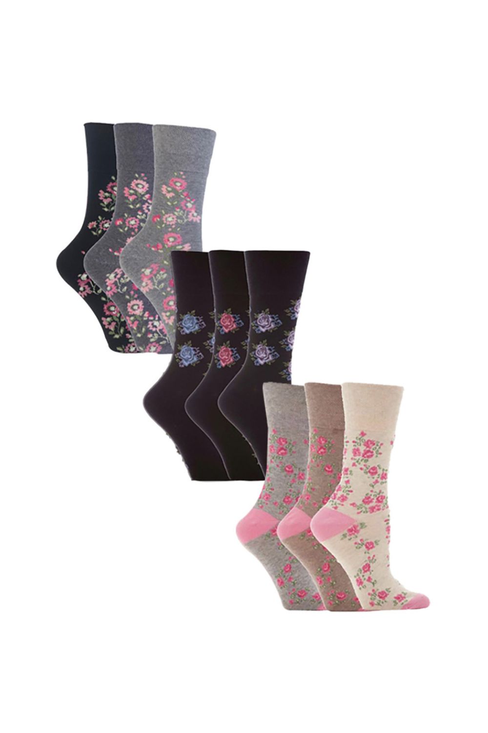Light Grey 9 Pairs Cotton Patterned Non Elastic Socks, Image 1 of 5