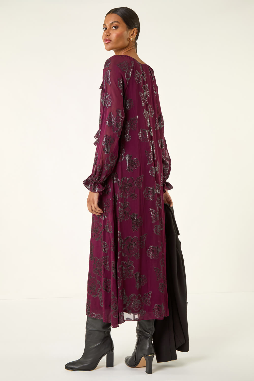 Wine Floral Brocade Frill Midi Dress, Image 4 of 6