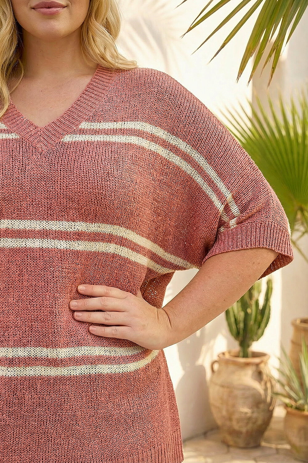 Rose Curve Stripe V-Neck Knit Jumper, Image 5 of 4