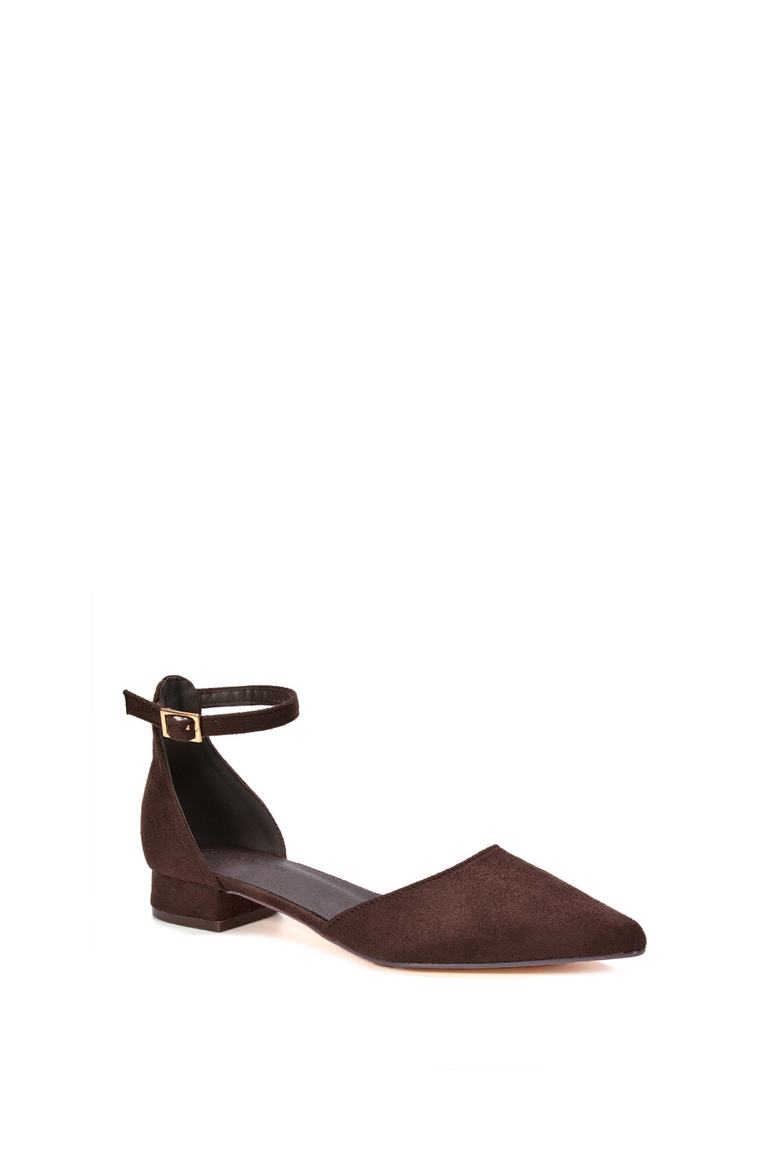 Brown XY LONDON Brown 'Jenny' Low Heel Flat Pointed Toe Ankle Strap Court Shoes, Image 2 of 6