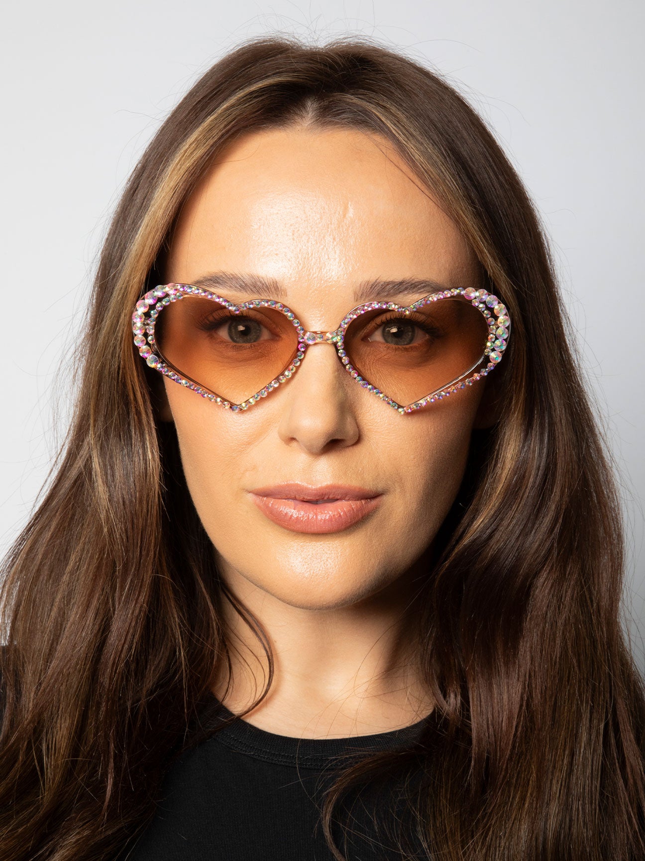 Brown Heart Sunglasses with Gem Detail in Champagne, Image 6 of 6