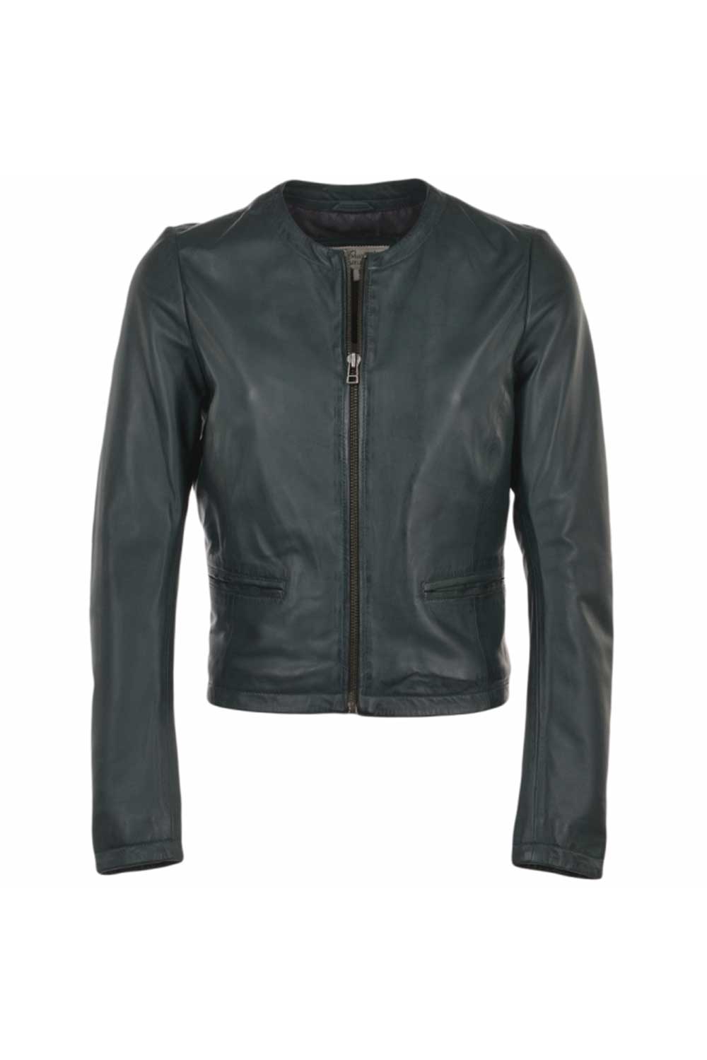 Green "Ethel" Real Leather Collarless Jacket, Image 1 of 3