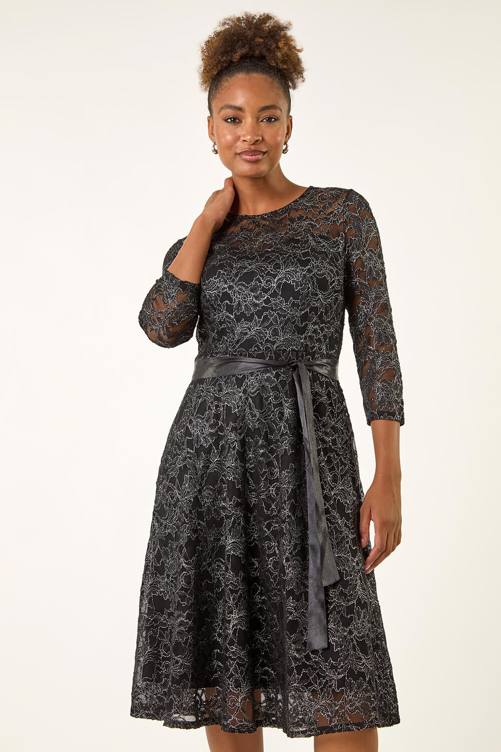 Black Metallic Lace Stretch Dress | Roman UK