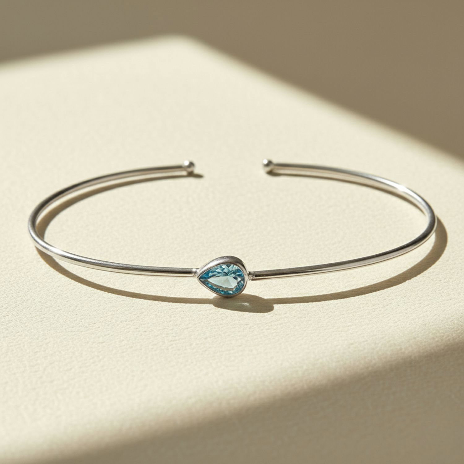 Blue Minimalist Sterling Silver Aquamarine March Birthstone Bangle Bracelet