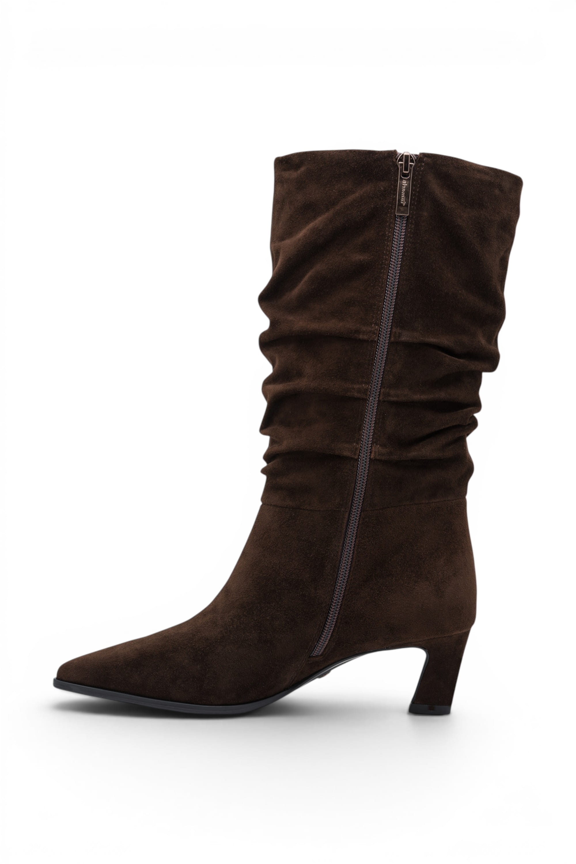 Dark Brown Suede Mid-Calf Heeled Long Boots, Image 4 of 8
