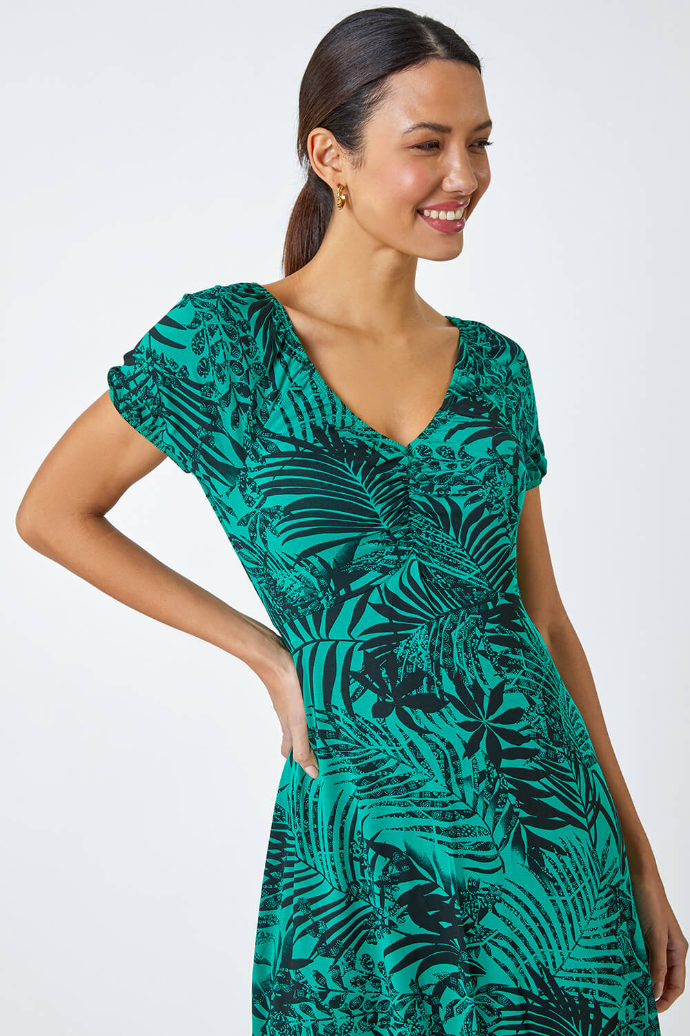 Doodle Leaf Print Stretch Dress