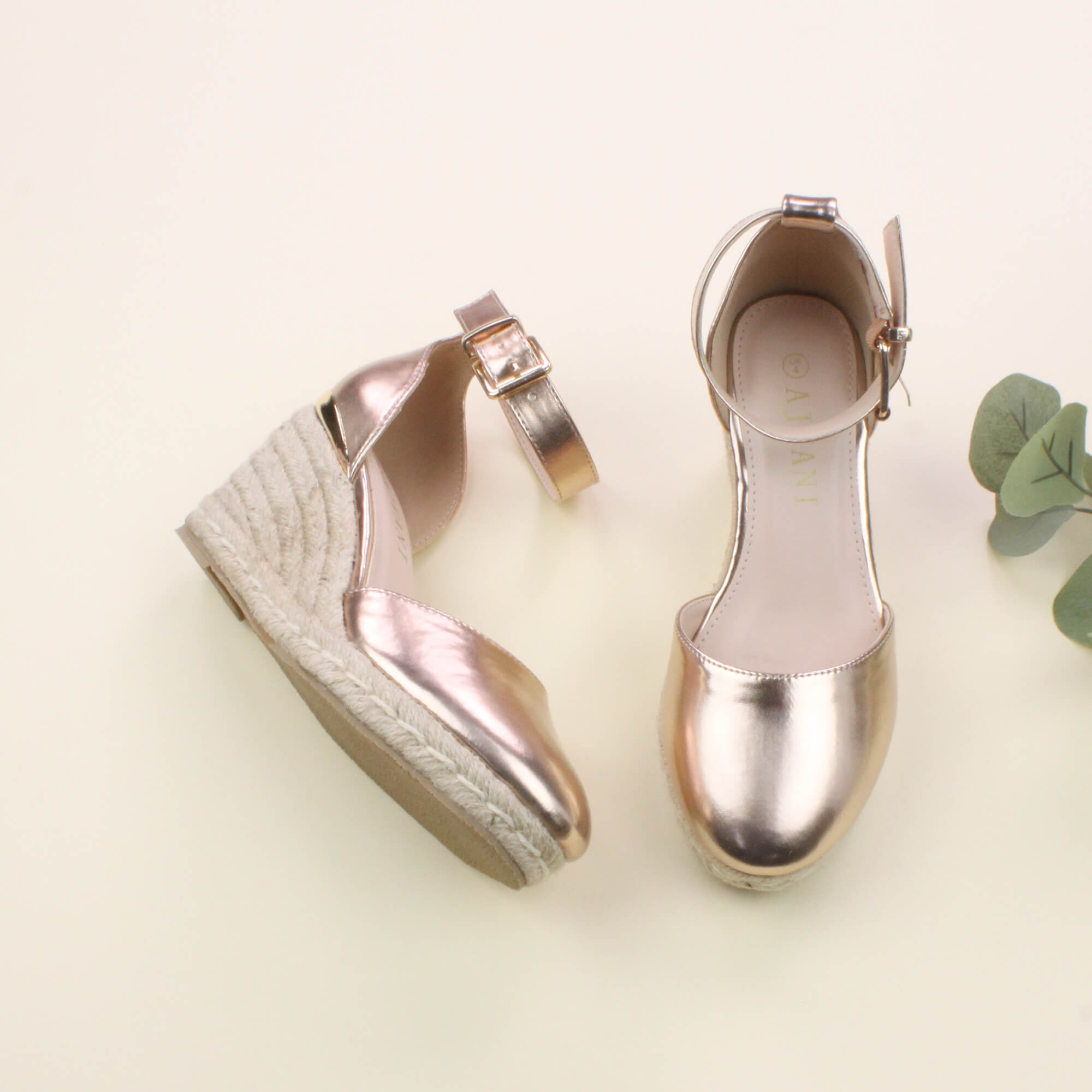 Rose Gold Mid Wedge Heel Ankle Strap Espadrille Sandals, Image 4 of 6