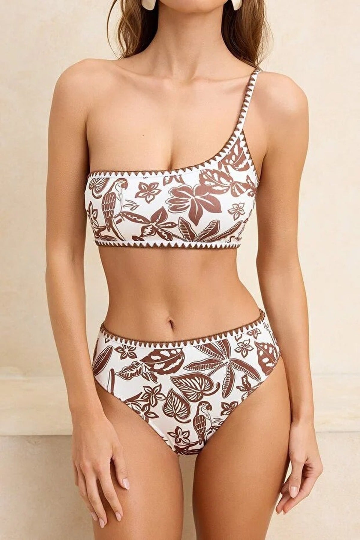 Multi One Shoulder Tropical Print High Waisted Bikini Set, Image 2 of 5