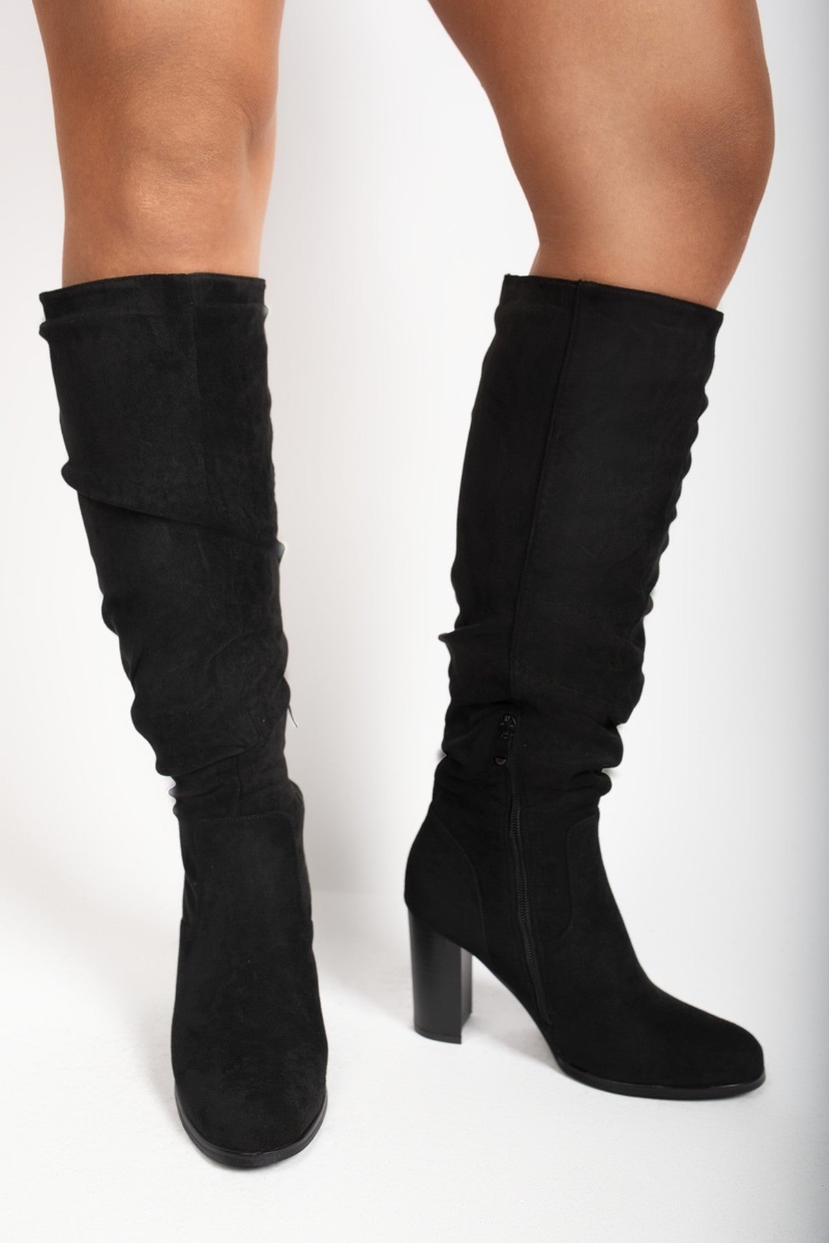 Black iKrush Black Lunara Suede Knee High Block Heel Boots, Image 2 of 8