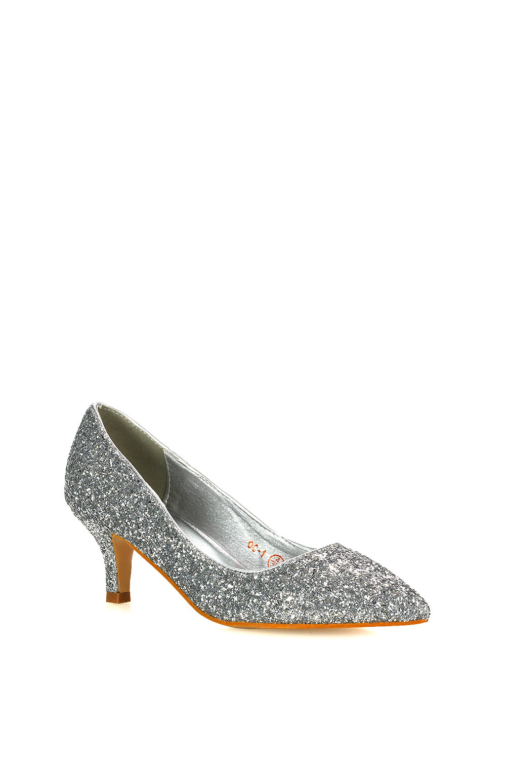 Silver XY LONDON Silver 'Gwyneth' Pointed Toe Mid Stiletto Kitten Heel Court Shoes, Image 2 of 4