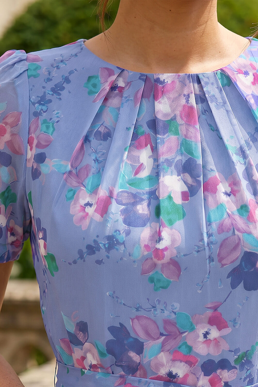 Blue Mini Floral Pleat Neck Dress, Image 5 of 4