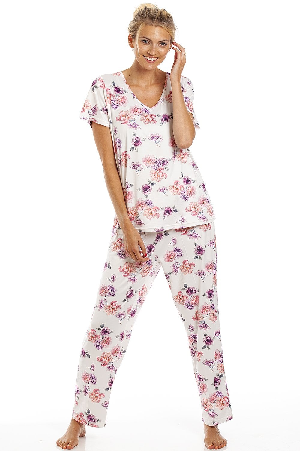 Cream Camille Lingerie Cream Lightweight Floral Print Pyjama Set, Image 1 of 5
