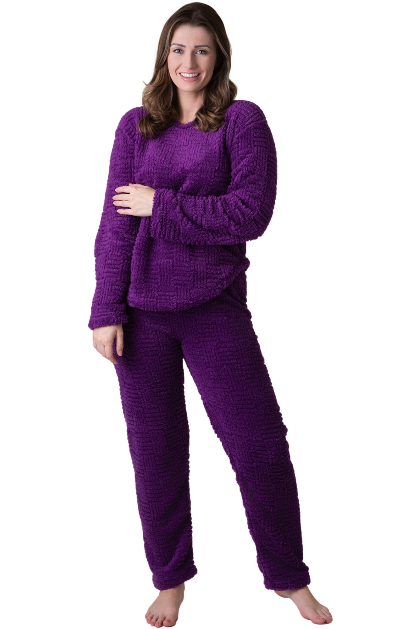 Purple Camille Lingerie Purple Supersoft Textured Woven Pattern Fleece Pyjamas, Image 1 of 5