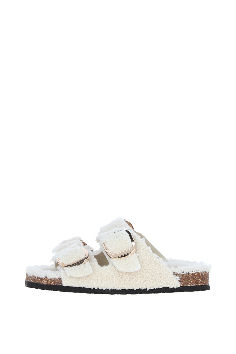 Beige Double Buckle Style Sheepskin Slippers, Image 3 of 4