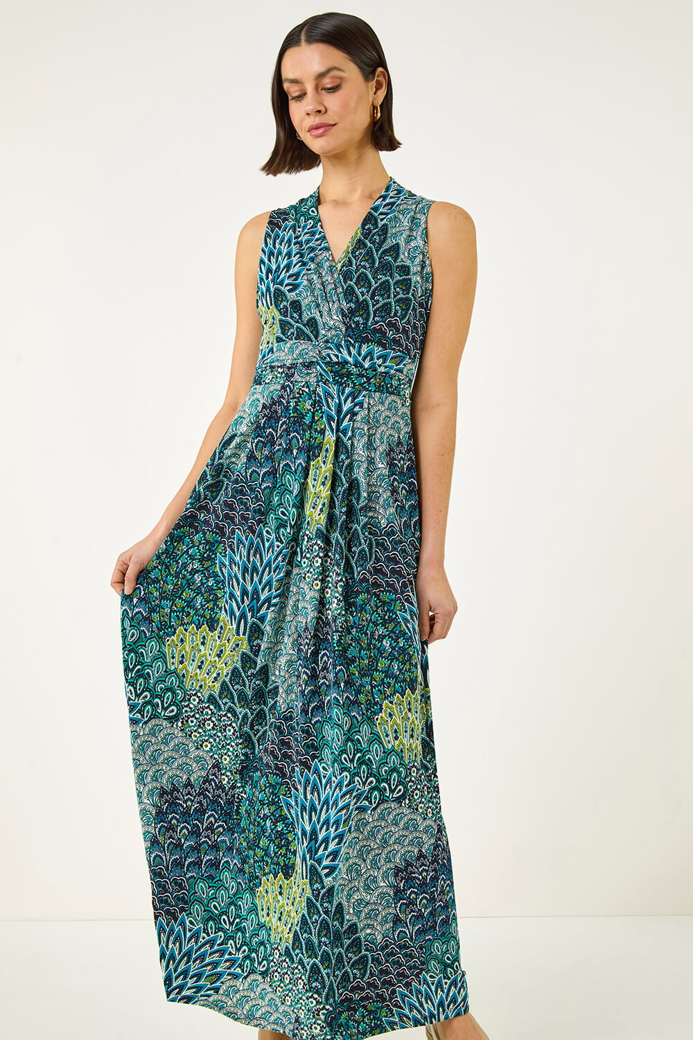 Green Peacock Twist Front Maxi Dress | Roman UK
